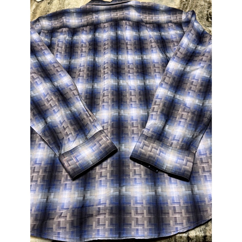 Age of Wisdom Shirt Mens XL Cotton Geometric Plaid Snap Button Blue Artsy Modern - Picture 3 of 9